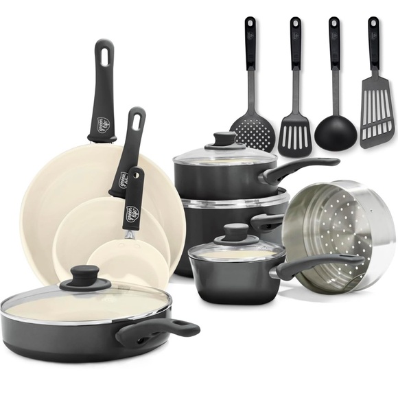 Non-Stick Cookware Set - Black and Cream greenlife ceramic 16 pieces pots NEW